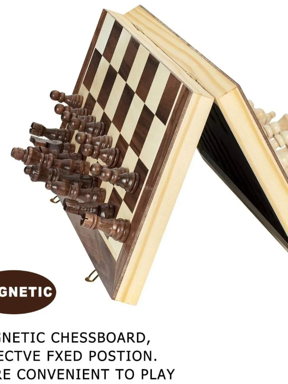 15 Inches Magnetic Wooden Chess Set - 2 Extra Queens - Folding Board - Pieces St